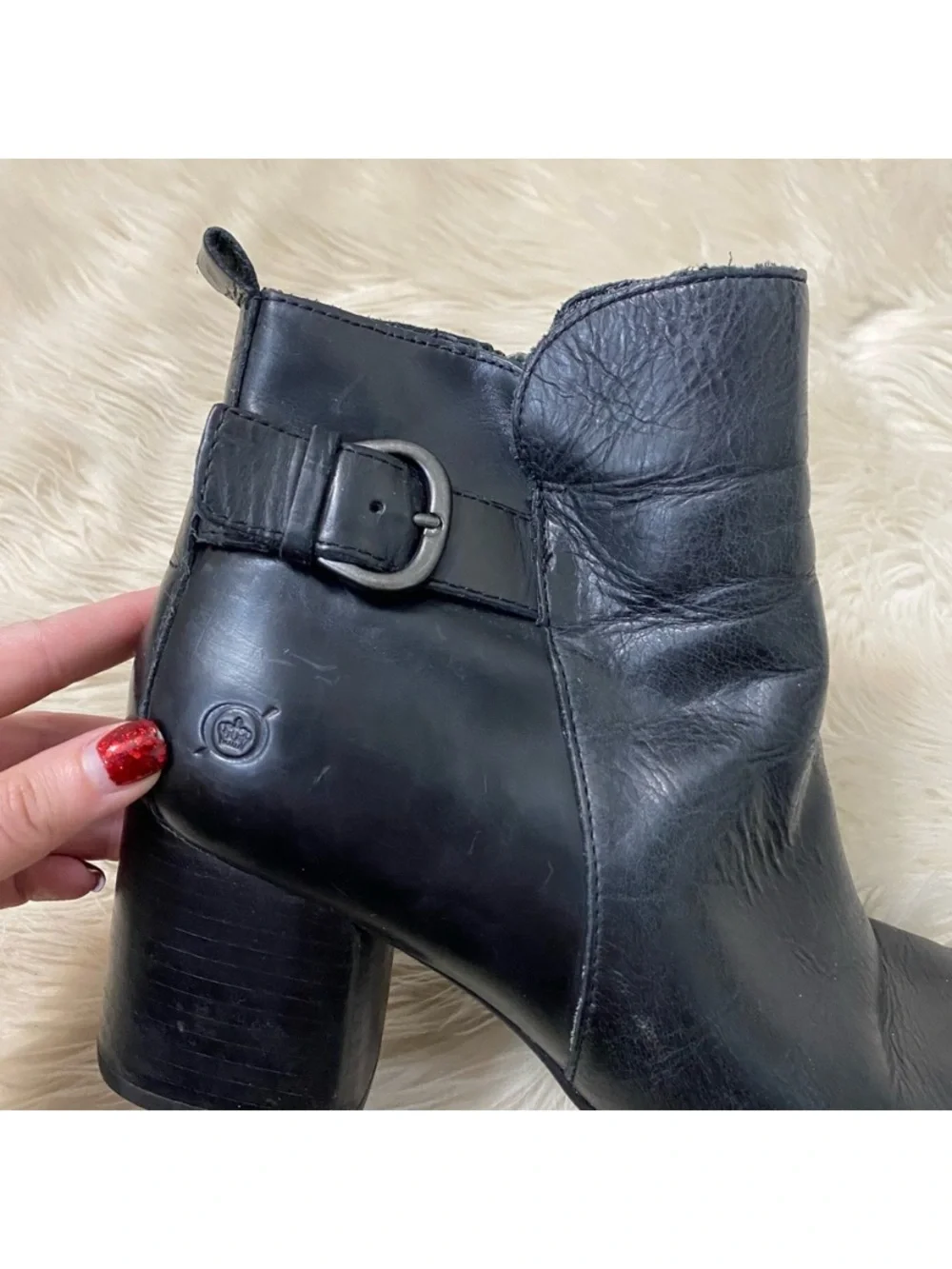 Born Gillian Ankle Boots Black Leather Buckle Heeled Moto Booties Neutral 9.5